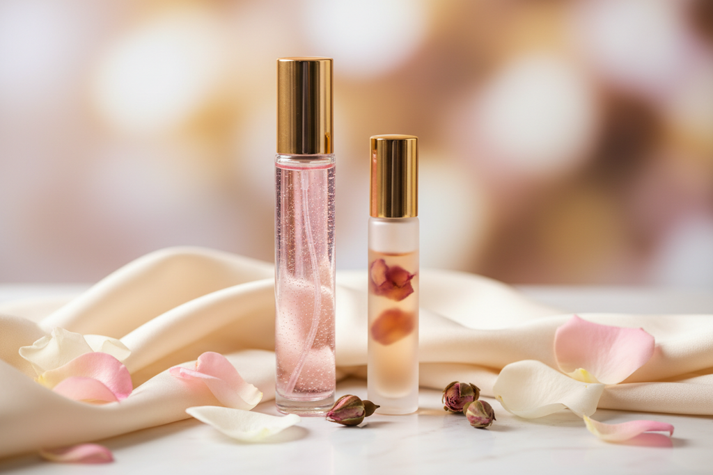 généres l'image d'un vaporisateur de parfum avec le liqide rose pailleté pastel de 10ml long et d'un roll on d'huile de rose de damas 
l'image générée devra etre féminin